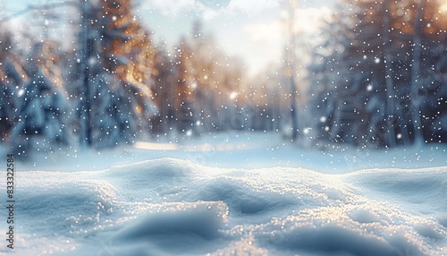 A beautiful winter-themed background: a blurry image of a winter forest with small snowdrifts and light snowfall, winter landscape, snowy forest, winter background. photo