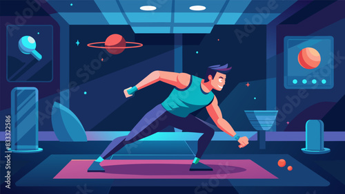 A man performing virtual reality burpees in a scifi space station dodging lasers and asteroids.. Vector illustration