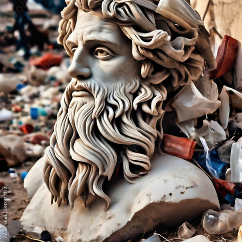 A bust of a Greek god left on the ground among the garbage. pollution awereness concept photo