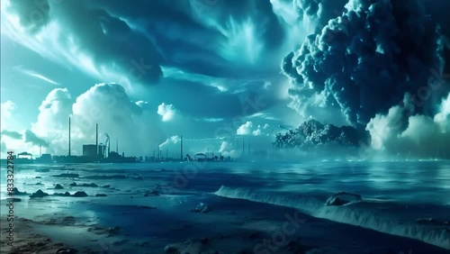 Devastation and Environmental Pollution Resulting from Oceanic Nuclear Explosion. Concept Environmental Pollution, Nuclear Explosion, Ocean Destruction, Devastation, Marine Ecosystems photo