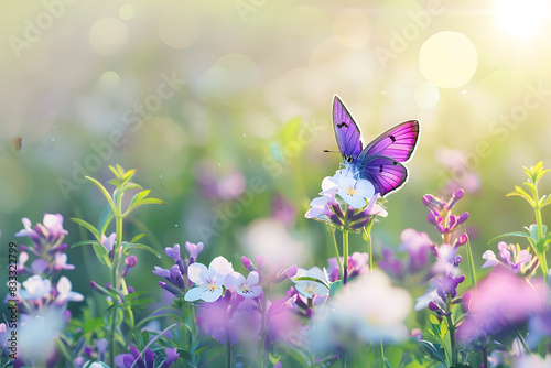 Purple butterfly on wild white violet flowers in grass in rays of sunlight, macro. Spring summer fresh artistic image of beauty morning nature. Selective soft focus.