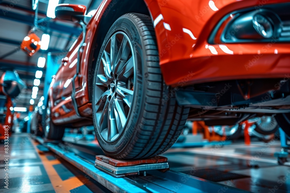 Detailed view of wheel alignment process, Vibrant red car on alignment rack in blue-lit modern service station, with precise focus on wheel and suspension. Detailed view of wheel alignment process, Vibrant red car on alignment rack in blue-lit modern service station, with precise focus on wheel and suspension.