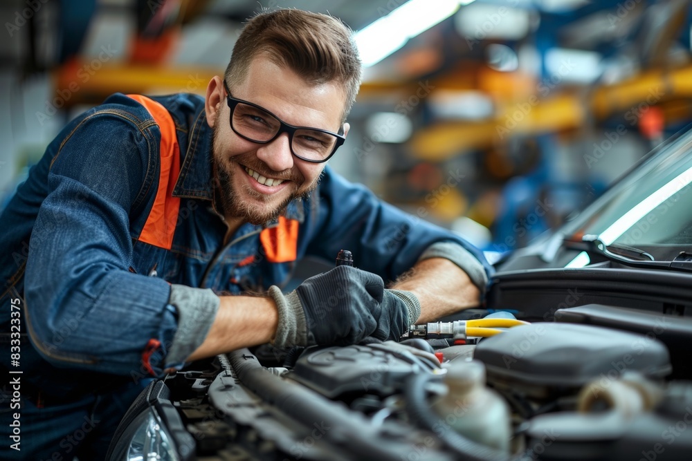 Mechanic adjusting car headlights, Smiling mechanic with glasses working on car engine, displaying skill enjoyment. Equipped in denim and safety gloves, in an industrious automotive workshop setting. Mechanic adjusting car headlights, Smiling mechanic with glasses working on car engine, displaying skill enjoyment. Equipped in denim and safety gloves, in an industrious automotive workshop setting.