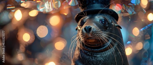A cute charismatic closeup of a fur seal wearing a top hat and monocle, performing tricks with holographic rings, in a circus tent, Sharpen banner hitech styles with copy space photo