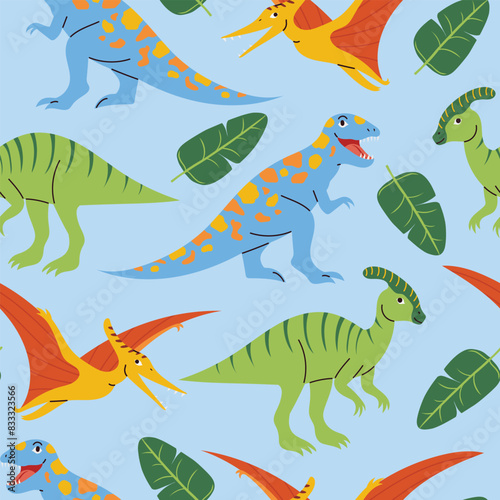 Hand drawn seamless pattern with smiling dinosaurs and palm leaves on a blue background vector illustration