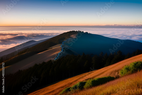 WPA poster art of the peak of Mount Tamalpais or Mount Tam located within Mt. Tamalpais State Park in Marin County, California, United States of America done in works project administration style. photo