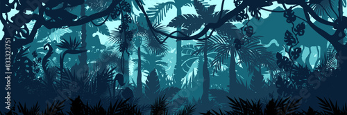 Jungle landscape. Layered background with rainforest. Parallax effect. Horizontal blue panoramic backdrop with lianas  palms  trees and bushes.