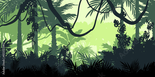 Jungle landscape. Layered background with rainforest. Parallax effect. Horizontal green backdrop with lianas, palms, trees and bushes.