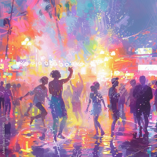 Wallpaper Mural Songkran water festival with people splashing water Torontodigital.ca