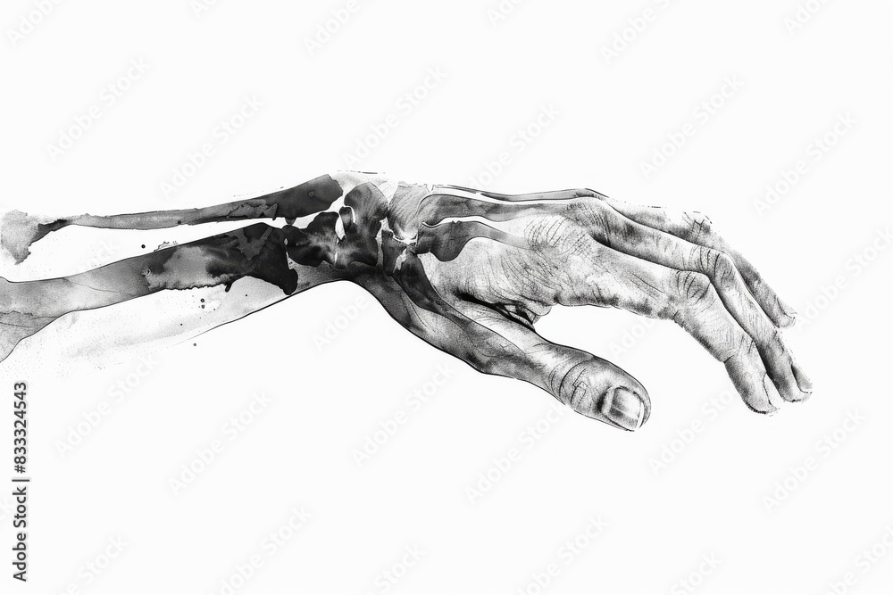 A detailed pencil sketch of a hand reaching out, with visible bones and tendons, against a white background. A detailed pencil sketch of a hand reaching out, with visible bones and tendons, against a white background.