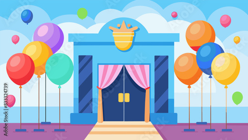 The entrance is lined with brightly colored balloons and cheerful greeters making you feel instantly welcomed.. Vector illustration