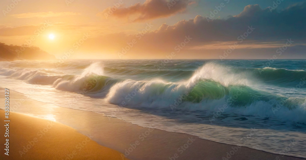 The ocean is calm and the sun is setting. The waves are small and the water is a beautiful shade of blue The ocean is calm and the sun is setting. The waves are small and the water is a beautiful shade of blue
