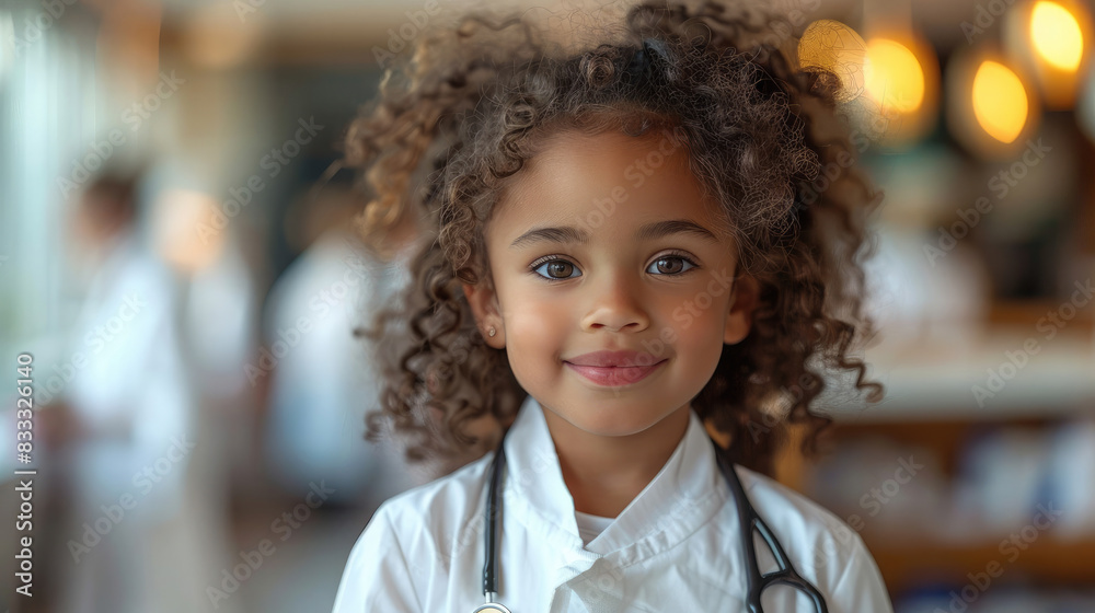 A young girl with curly hair dressed in a white lab coat and stethoscope smiles at the camera A young girl with curly hair dressed in a white lab coat and stethoscope smiles at the camera