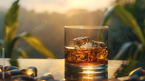a glass of whiskey on the rocks, centered with sharp detail and ample copy space.