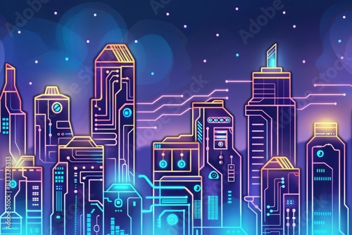 Cartoon cute doodles of a futuristic city skyline with glowing circuit buildings, Generative AI