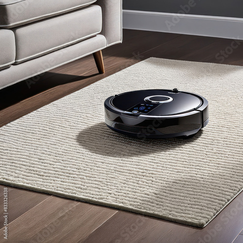 A robot vacuum cleaner cleans the room. Appliances in the house.