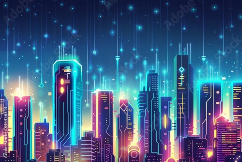 Cartoon cute doodles of a futuristic city skyline with glowing circuit buildings, Generative AI