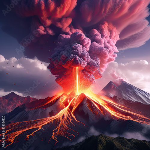A close-up of the volcano throwing ash into the sky.
