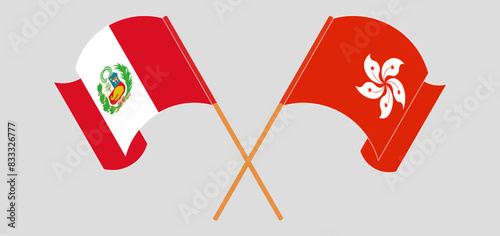 Crossed and waving flags of Peru and Hong Kong