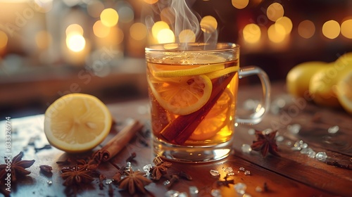 a hot toddy with a cinnamon stick and lemon photo