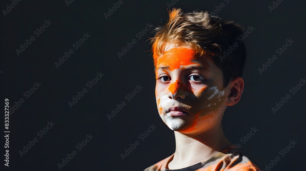 Young boy with an imaginative face painting in vibrant colors, deep in thought, standing against a dark background. Young boy with an imaginative face painting in vibrant colors, deep in thought, standing against a dark background.
