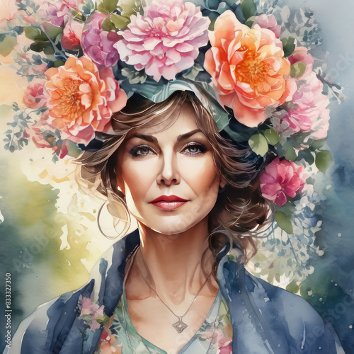 Portrait of a beautiful blooming adult woman. Women's health concept. Watercolor illustration.