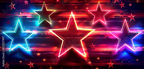 Modern patriotic tribute: Bold neon Memorial Day banner with neon light stars and glowing stripes creates a striking theme.