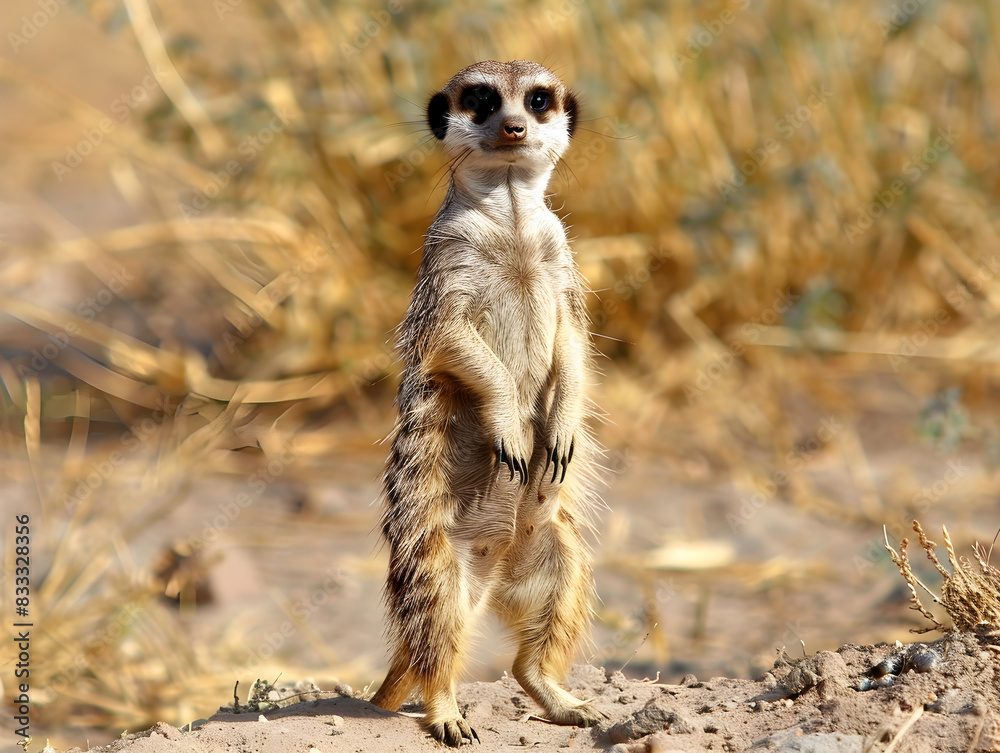 Fototapeta premium A meerkat stands tall, eyes wide, on its hind leg, with a look of curiosity.
