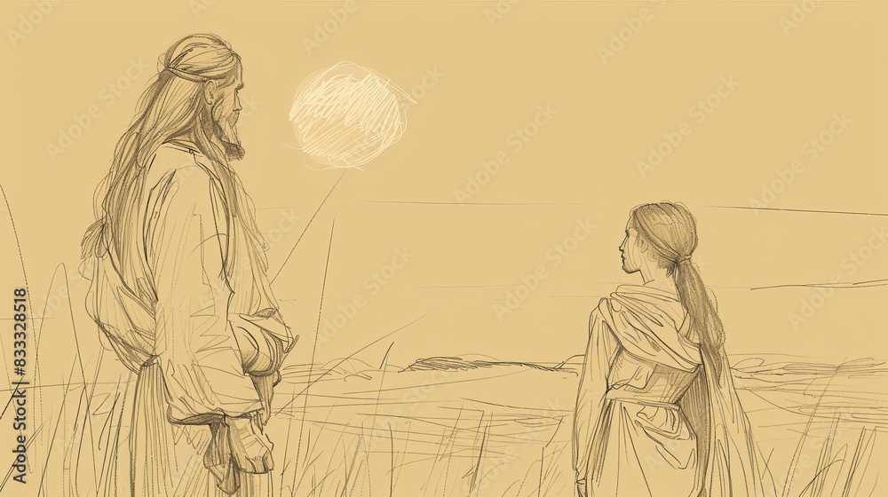 Obraz premium Biblical Illustration of Ruth 3: Ruth's Nighttime Visit to Boaz on the Threshing Floor, Request for Kinsman-Redeemer, Boaz's Promise on Beige Background with Copyspace