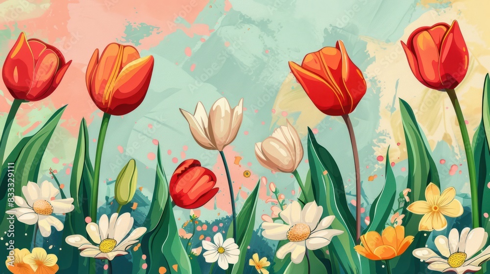 Image of a colorful, cheerful floral design featuring blooming tulips and daisies on a pastel background --ar 16:9 Job ID: 0918a4db-685f-4619-97dd-0fe546565aee