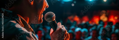 A man holding a microphone in his hand, speaking to a crowd at a comedy club photo