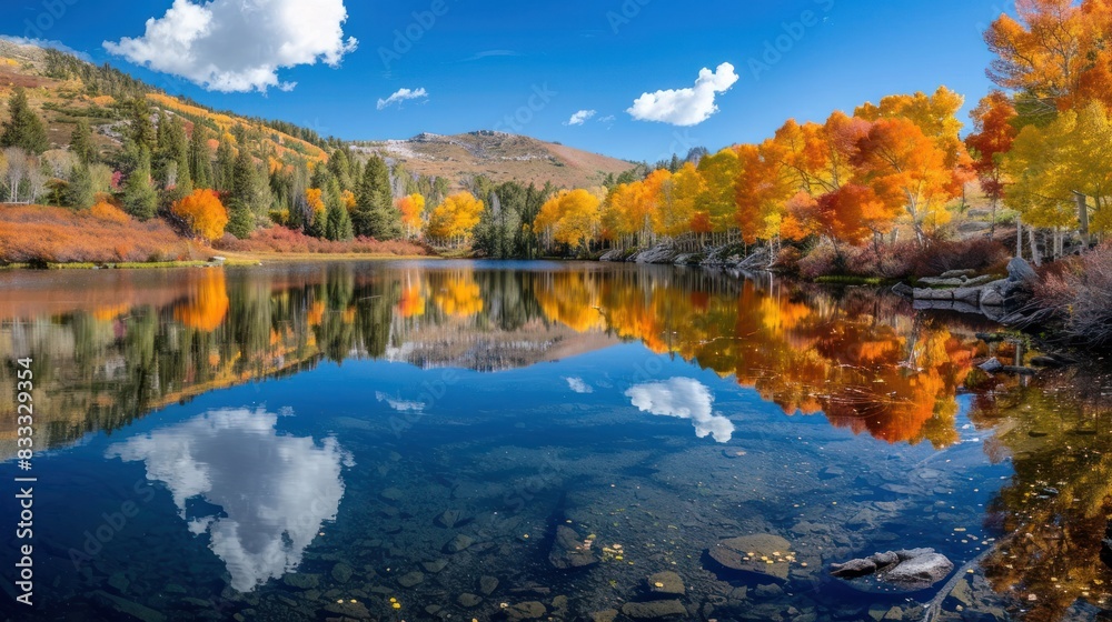 Image of a crystal-clear lake reflecting the vibrant autumn foliage of surrounding trees --ar 16:9 Job ID: 113a7a49-3998-47b0-abac-c57f92ed45b0 Image of a crystal-clear lake reflecting the vibrant autumn foliage of surrounding trees --ar 16:9 Job ID: 113a7a49-3998-47b0-abac-c57f92ed45b0