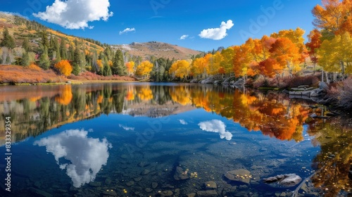 Image of a crystal-clear lake reflecting the vibrant autumn foliage of surrounding trees --ar 16:9 Job ID: 113a7a49-3998-47b0-abac-c57f92ed45b0 © Attasit