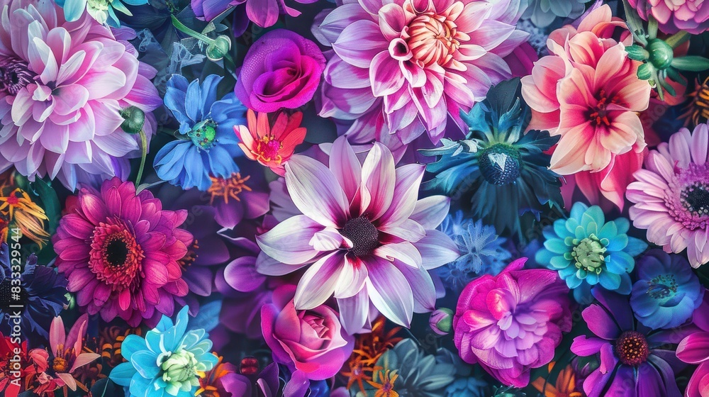 Image of a lively floral pattern with a mix of pink, purple, and blue flowers on a bright background --ar 16:9 Job ID: 0d01edd9-faab-4f07-ba1b-42d3ea4498f6 Image of a lively floral pattern with a mix of pink, purple, and blue flowers on a bright background --ar 16:9 Job ID: 0d01edd9-faab-4f07-ba1b-42d3ea4498f6