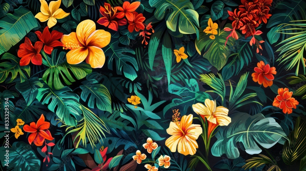 Image of a lively, colorful floral motif with tropical flowers and lush green leaves --ar 16:9 Job ID: 15781a58-5a58-4d2f-bf36-b54b30ba1552