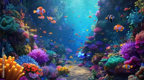 Image of a vibrant cartoon underwater scene with animated fish and marine life in a colorful coral reef --ar 16 9 Job ID  69934fe4-c6d2-4358-997c-a0ba153c31d6