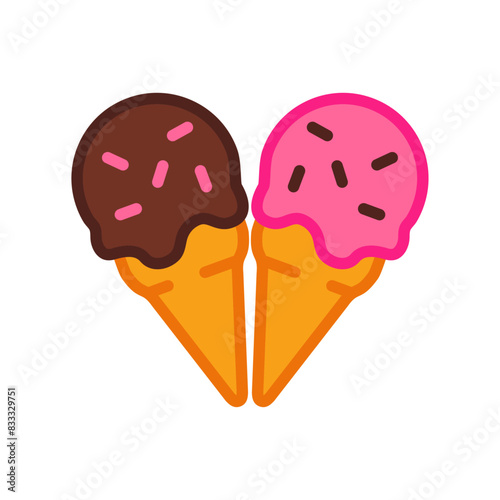 Logo i love ice cream. Bola de helado en cono de waffle sabores fresa y chocolate con forma de corazón