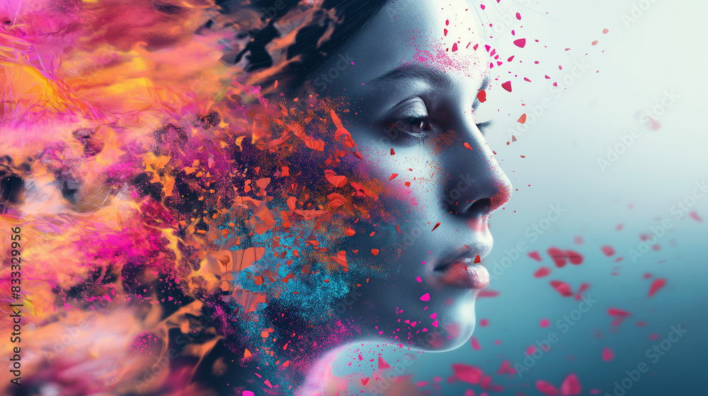 AI face of a women, that is disintegrating into bright colors