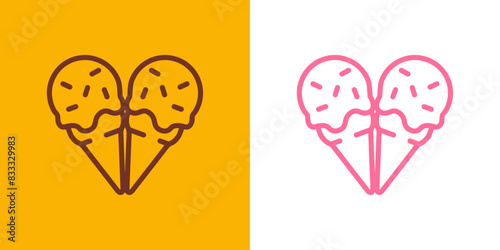 Logo i love ice cream. Silueta con líneas de bola de helado en cono de waffle sabores fresa y chocolate con forma de corazón