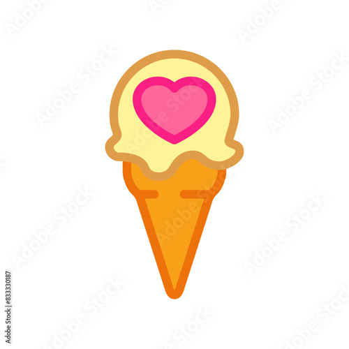 Logo i love ice cream. Bola de helado en cono de waffle sabor vainilla con corazón de fresa