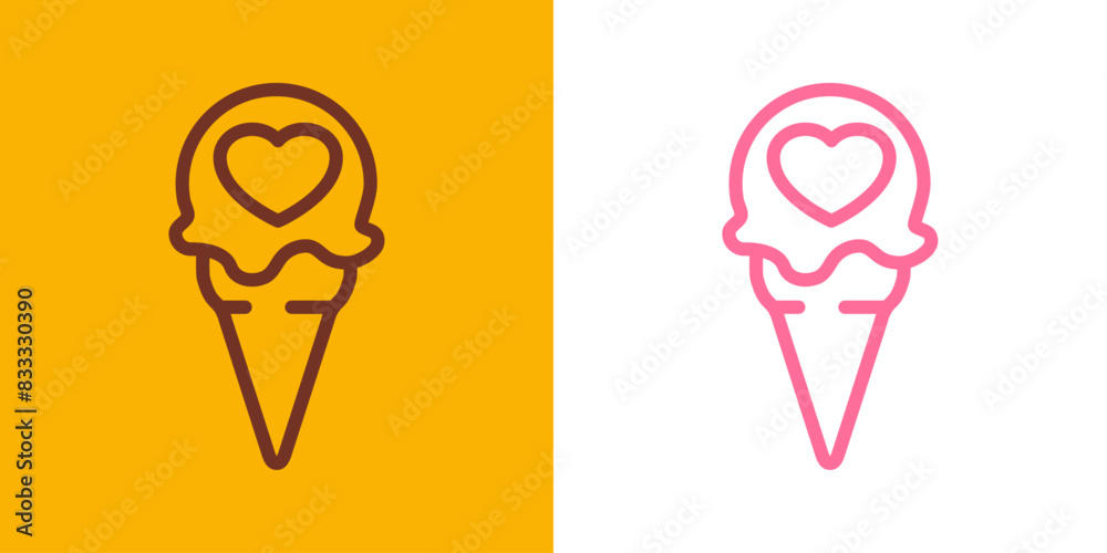 Logo i love ice cream. Silueta con líneas de bola de helado en cono de waffle sabores fresa y chocolate con corazón Logo i love ice cream. Silueta con líneas de bola de helado en cono de waffle sabores fresa y chocolate con corazón