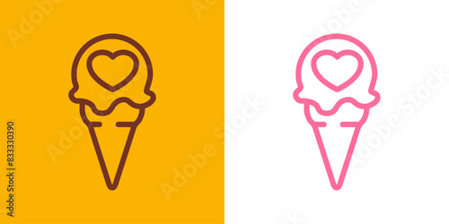 Logo i love ice cream. Silueta con líneas de bola de helado en cono de waffle sabores fresa y chocolate con corazón