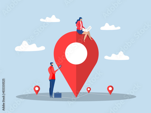 Location search, businessman search with magnifying glass with map location pin to map or directions to navigate or find position style.Vector