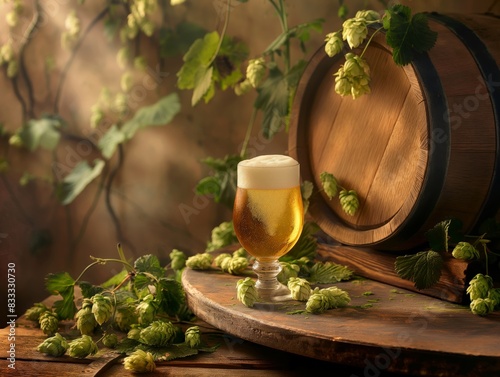A glass of frothy beer sits on a wooden table surrounded by fresh hops and a wooden barrel