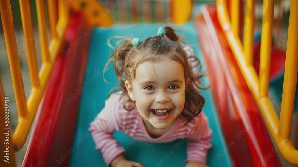 Happy preschooler Girl playing on a slide on the playground park Happy preschooler Girl playing on a slide on the playground park