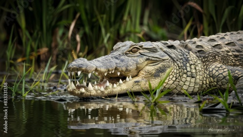 A large crocodile with its mouth open in the water, AI