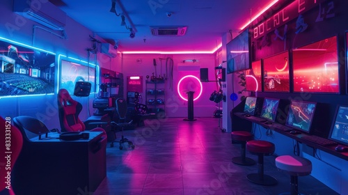 futuristic and high-tech game room with interactive displays  virtual reality setups  and cutting-edge gaming technology  offering an immersive entertainment experience