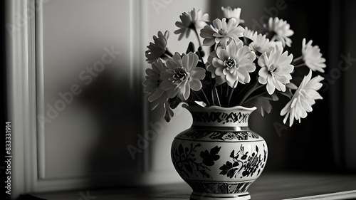 A black and white photo showcasing flowers arranged in a vase. Perfect for adding a touch of elegance to any space, vase with flowers. 