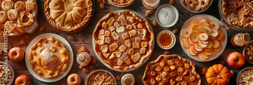 A table showcasing an assortment of delicious pies, including pumpkin pie and apple crisp, in pie pans creating a festive display