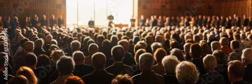 A significant crowd of individuals gathered in a Christian church, standing in a room facing a stage with a purposeful demeanor photo